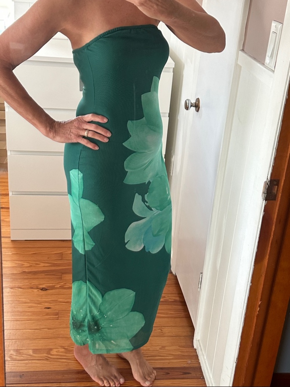 Tropical Emerald Green Floral Mesh Strapless Maxi Dress, Dark green mesh dress